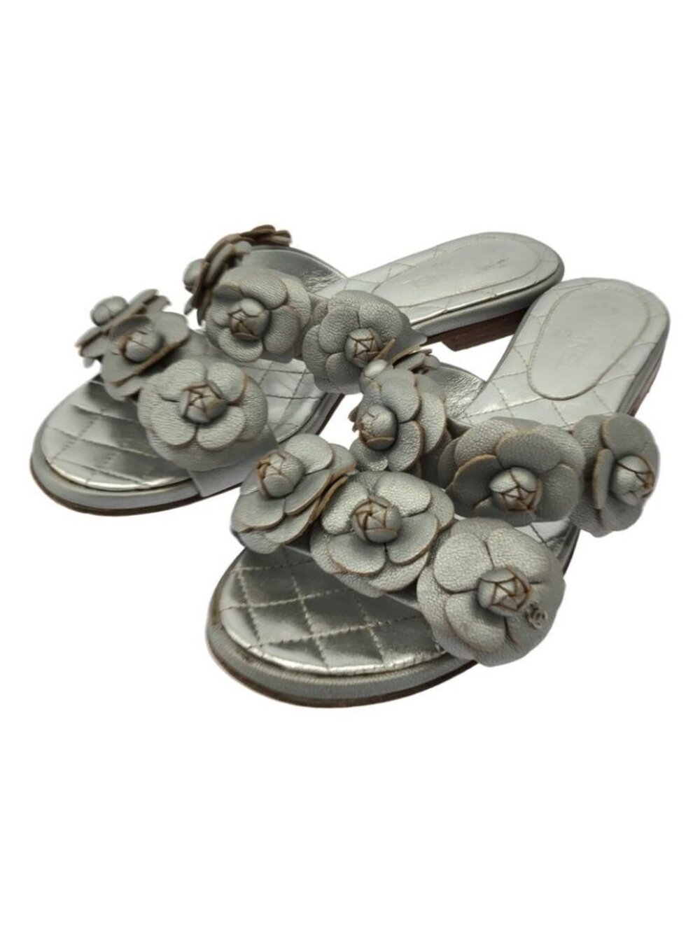 Chanel Camellia Flower Mule Sandals Silver 35